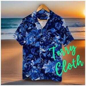 Polo Ralph Lauren Shirt Men M Terry‎ Cloth Hawaiian Floral Beach Yacht Cruise